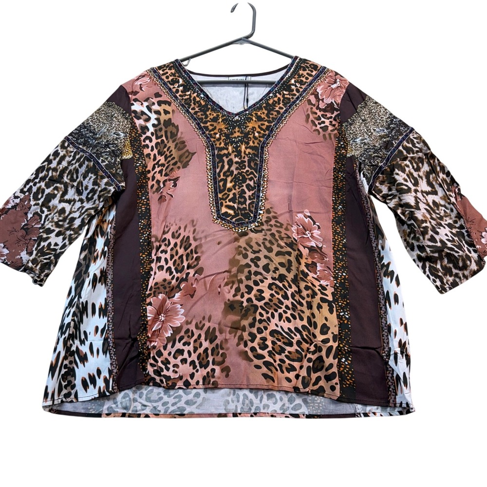 Cherrybetty Tunic Top Women XL Pink Leopard Print V-Neck Cotton Boho 3/4 Sleeve